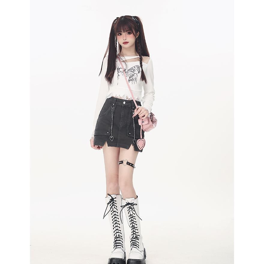 サブカル系 CRAZYGIRL 長袖 トップス Vネック 悪魔 ハート 羽 ウィング