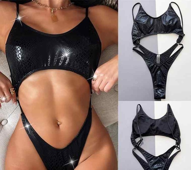 ブラジリアン 水着 ワンピース 黒 ブラック 蛇柄 ヘビ柄 鱗 光沢 メタリック モノキニ かっこいい 海外 モデル ハイレグ ビキニ風 タンキニ風 個性的 スイムウェア 大胆 露出 ハイレグ tバック セクシー ユニーク 目立つ 紐 パッド入り ウロコ