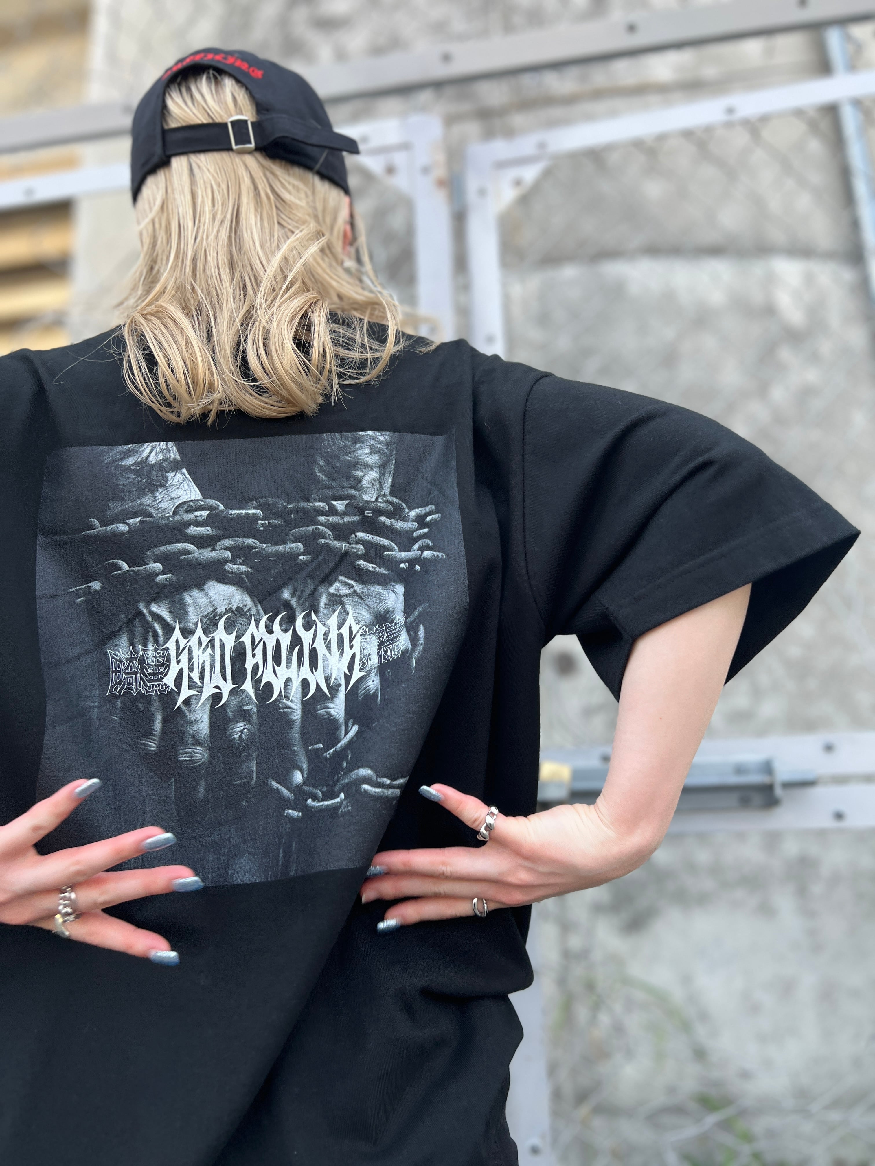 GBH グラフィックプリント Tシャツ ブラック 2023グロファイリングTシャツ【鎖デザイン黒】ビッグシルエット