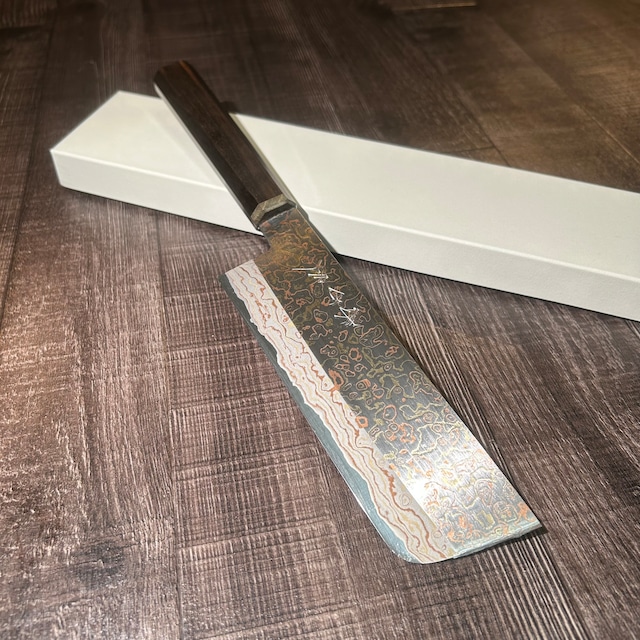 " Mutsumi Hinoura" Nakiri Knife 180mm V-toku#2 Rainbow Damascus   Stabilized wood and ebony handle