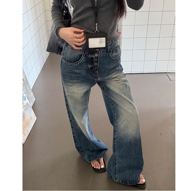 フェードステッチフロントボタンデニムパンツ 1col R02422