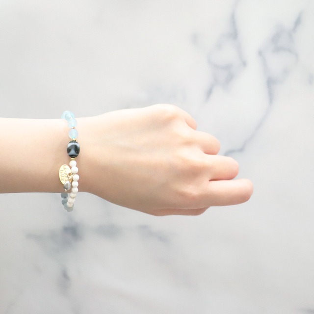 【Deep Sea Party】虎牙天珠×アクアマリン×グリーンフローライト ブレスレット