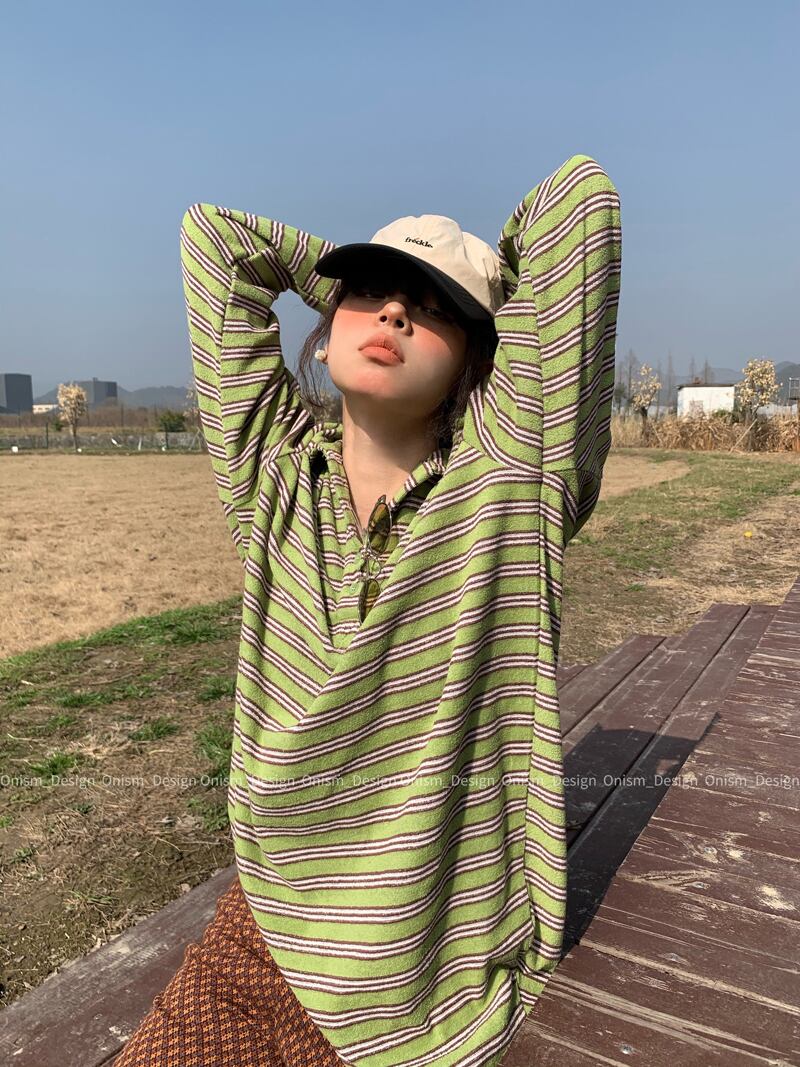 ストライプ ロング Tシャツ ビッグFスモールZ韓国98618086621