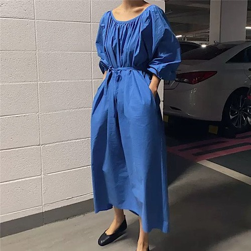 ワンピース ロング丈 ウエスト紐 パフスリーブ ラウンドネック レディース 無地 夏 大きいサイズ ゆったり 春 新作 シンプル 清楚 カジュアル スプリングウェア ルーズ ランタンスリーブ