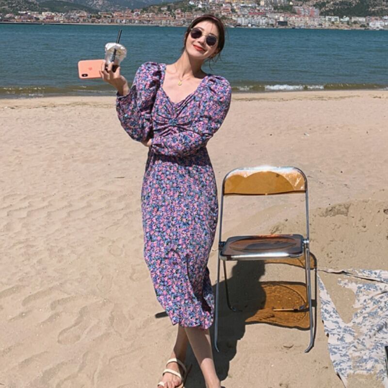 オータムスタイルフローラルドレス スリーブスカート ランタンスリーブ 秋物 花柄 パープル スクウェア ハンチェンe34282244120