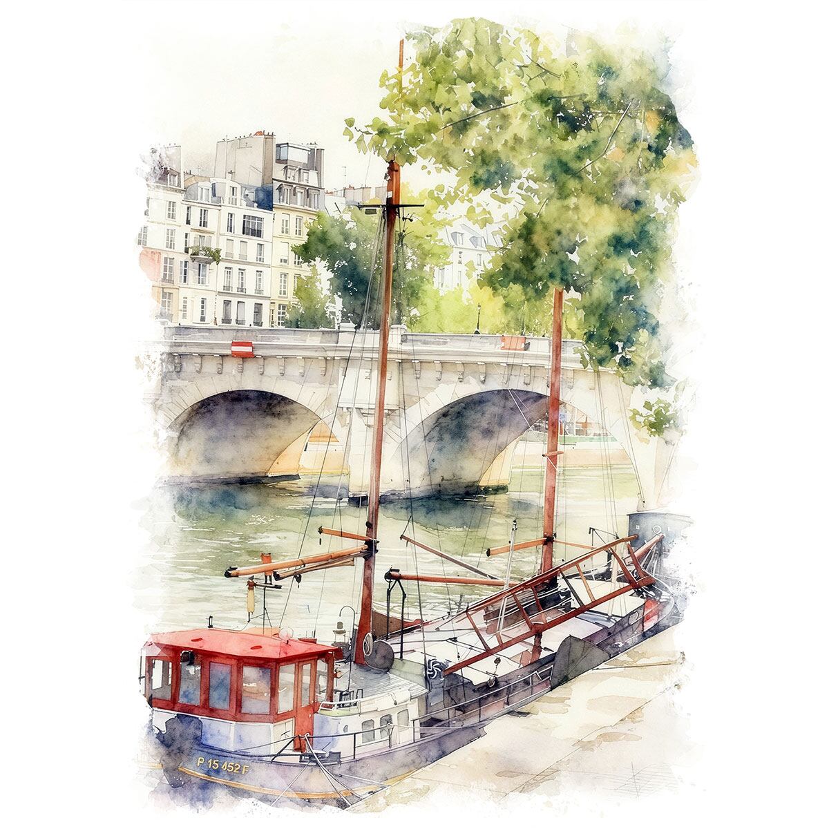 絵画 風景画(街並み) フランス パリ シテ島 インテリアアート額付き 水彩画・油絵風 WAT1048