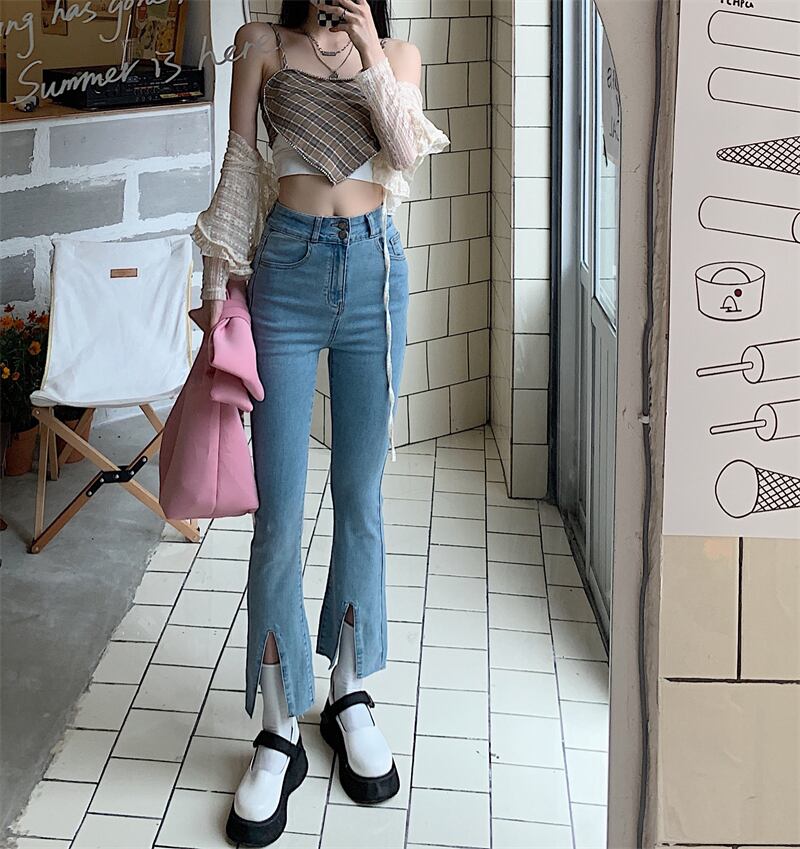 スリムクロップドジーンズ サマー薄手ハイウェストウェストパンツ レッド 夏物 ブラックストロベリース6302823698