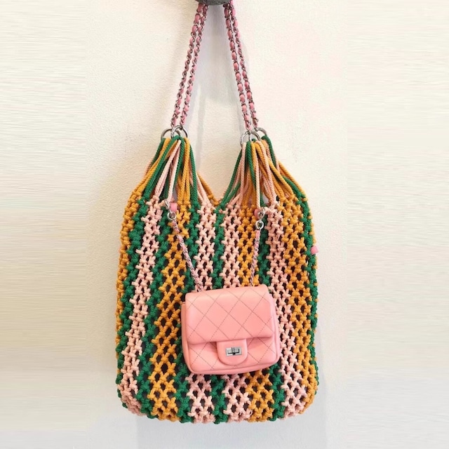 キルティングバッグ付き ブレイドチェーン メッシュバッグ ピンク/イエロー BA00476 キルティングバッグ付き ブレイドチェーン メッシュバッグ ピンク/イエロー BA00476