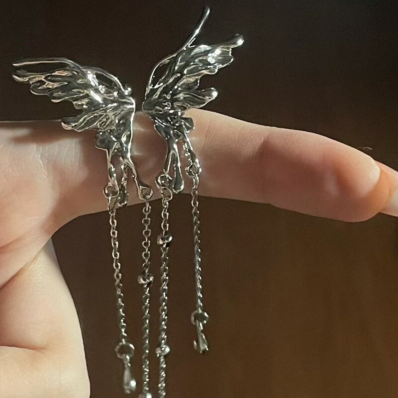17 キロシルバー色の金属天使の羽 Tels 耳クリップ液体金属蝶ロング