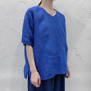 maison de soil 80'S POWER LOOM LINEN PLAIN V-NECK LACE SHORT PULLOVER
