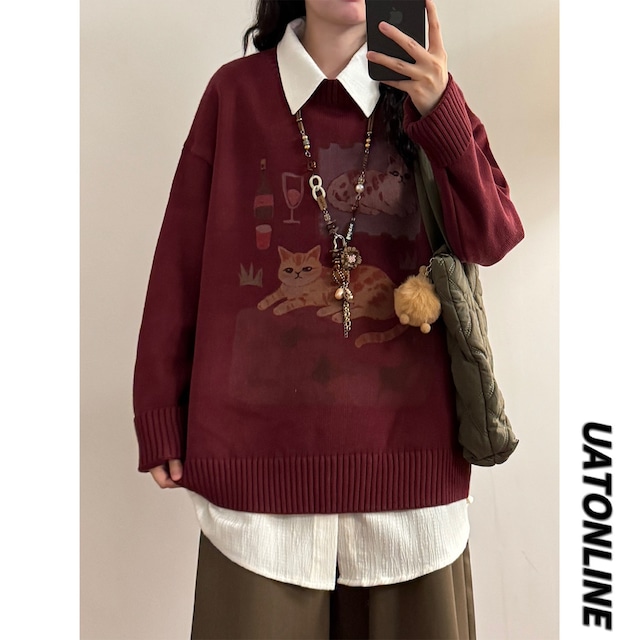 【UATONLINEシリーズ】★セーター★ 2color ニットトップス ユニセックス 猫 猫柄 レトロ レッド 赤い