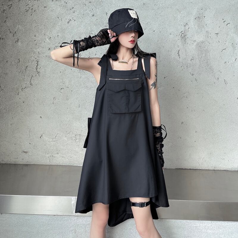 サブカル 服 地雷系 通販 ゴスロリ ロング丈 ワンピ ノースリーブ JSK アシンメトリー 黒ゴス 闇かわいい ゴシック ロリータ