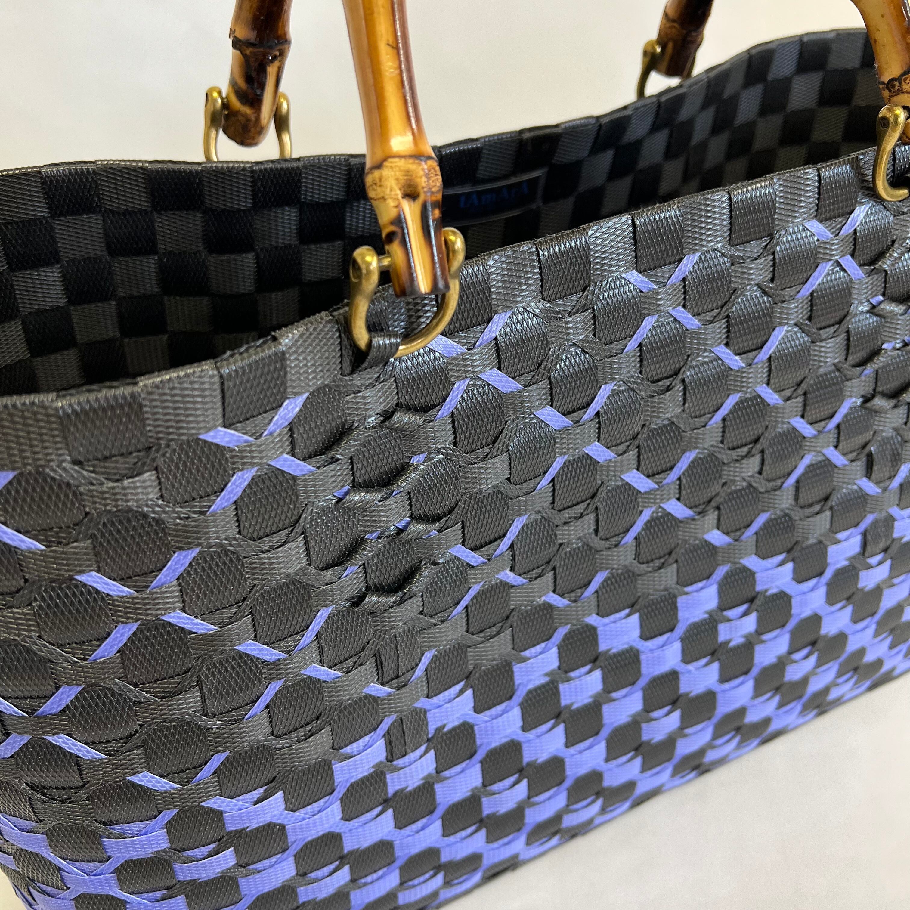 【受注製作】プラカゴバッグ Lサイズ/A4 L-550 黒*群青 マルシェ ピクニック キャンプ かごバッグ 雨の日バッグ バンブーハンドル