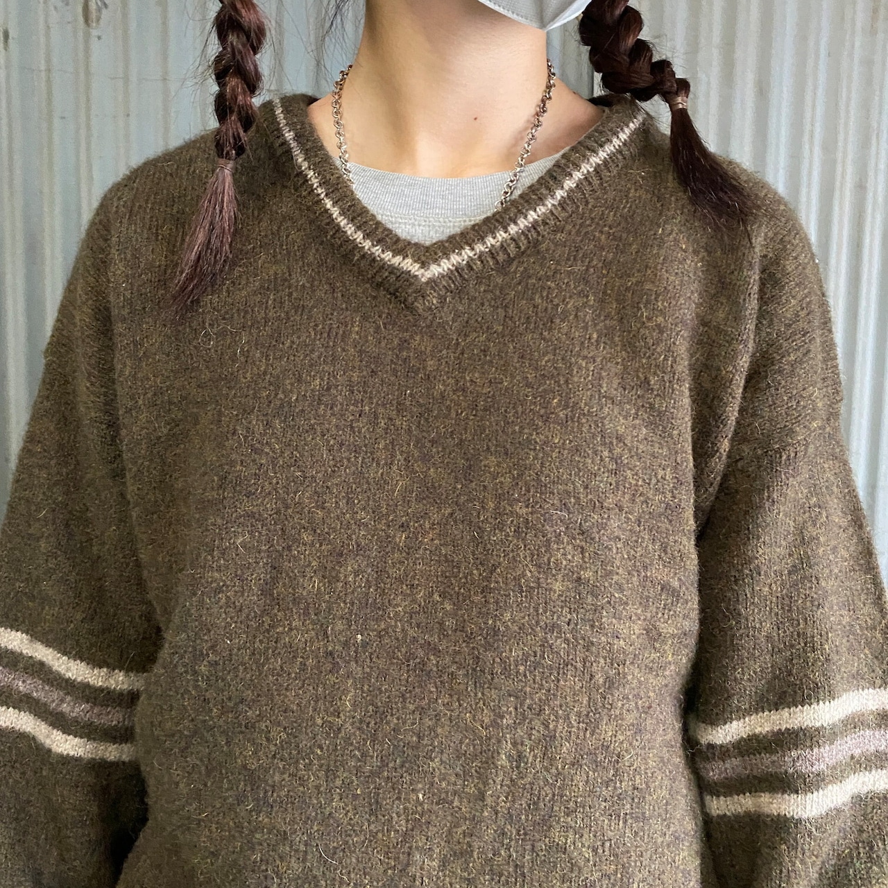 NORTH CREST 90年代 ライン ウール ニットセーター メンズL 古着 90s 