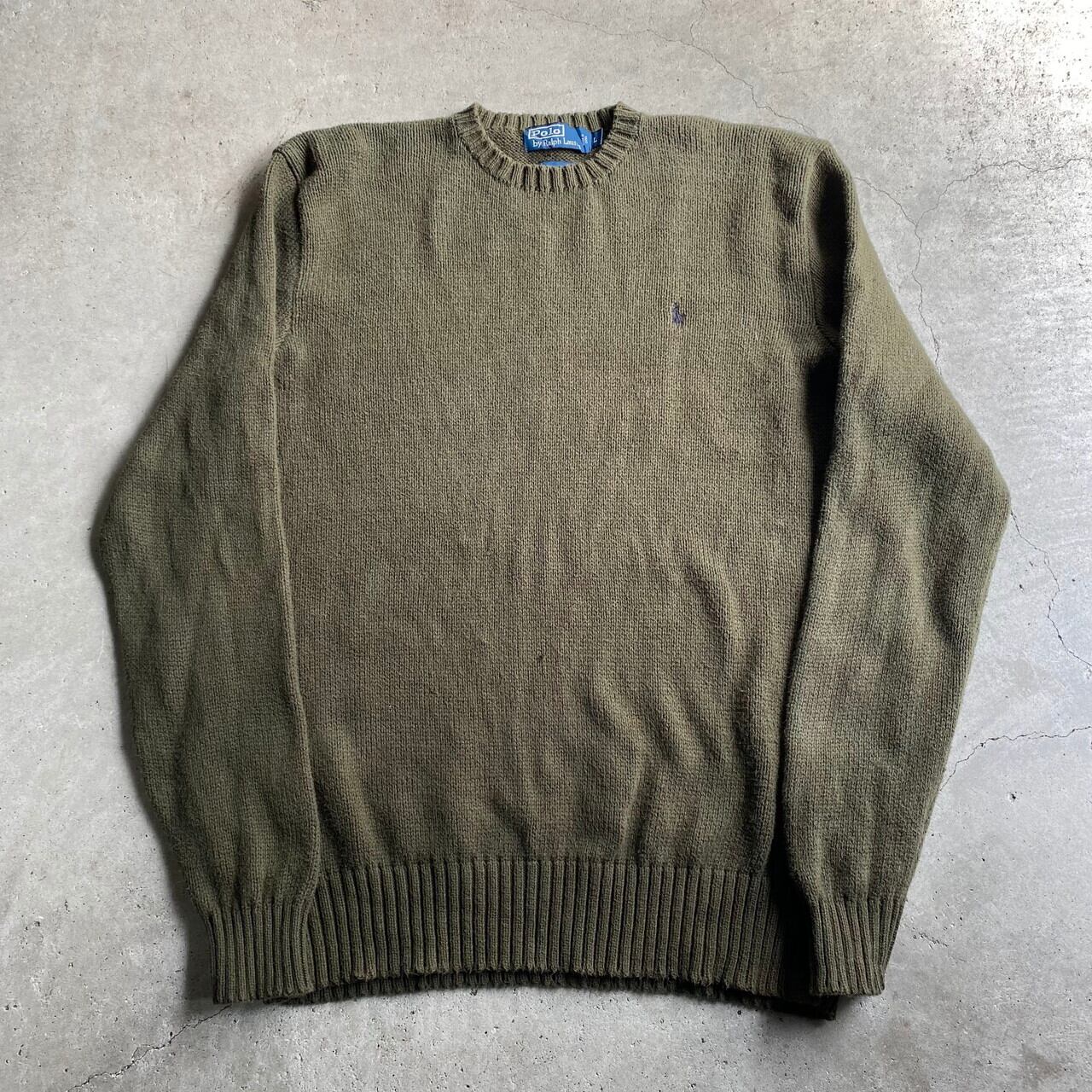 Polo Ralph Lauren ポロ ラルフローレン クルーネック コットンニットセーター メンズxl相当 古着 ワンポイントロゴ刺繍 カーキ オリーブグリーン ニットセーター 23al15 Cave 古着屋 公式 古着通販サイト