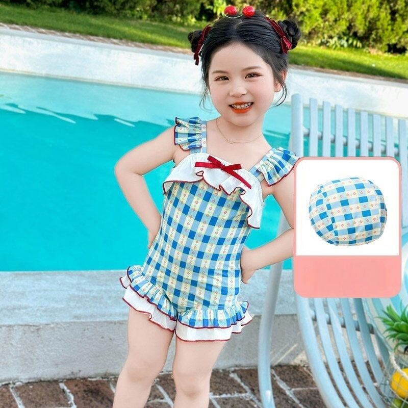 【KID】夏作チェック柄フリルリボン水着スイムキャップ付き