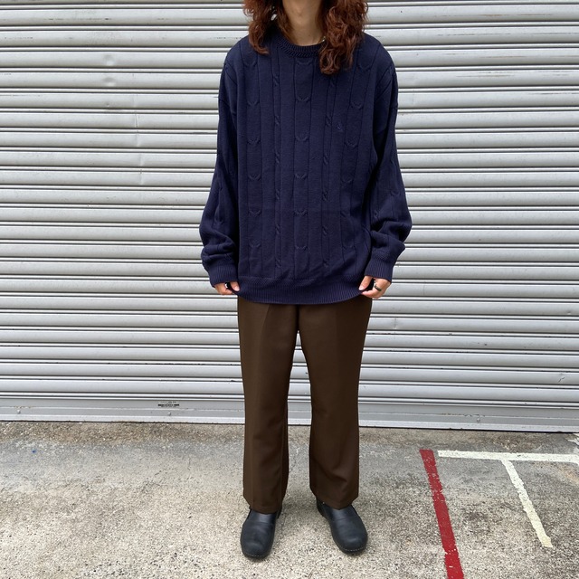 『送料無料』90s nautica ケーブル編みコットンニット　ワンポイント　ネイビー