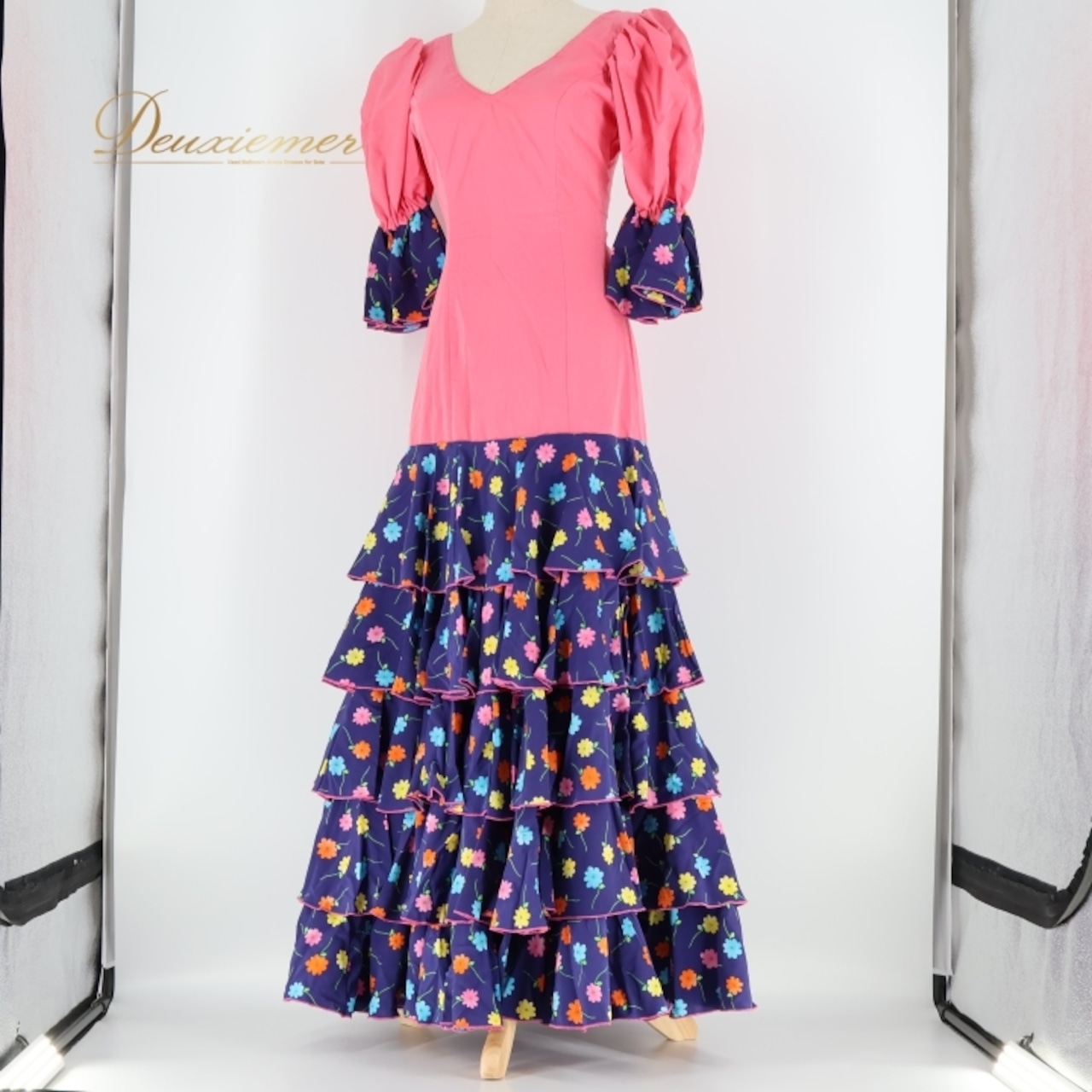 フラメンコ 衣装 ワンピース ドレス ピンク 紺 花柄 MATY ボランテ フリル レトロ ダンス 発表会 パーティ ピンク系 ネイビー系 舞台 衣裳 可愛い おしゃれ 大人用 フラメンコドレス フリルスカート ワンピーススタイル ダンス衣装 女性用 イベント