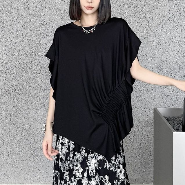 ASYMMETRIC DRAPED CREW NECK SHORT SLEEVE TOP M-17169