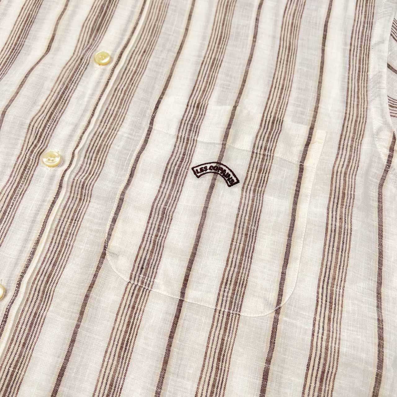 麻100% Les Copains レコパン ストライプ 半袖 リネン シャツ サイズ 41/16 /ホワイト×ブラウン系