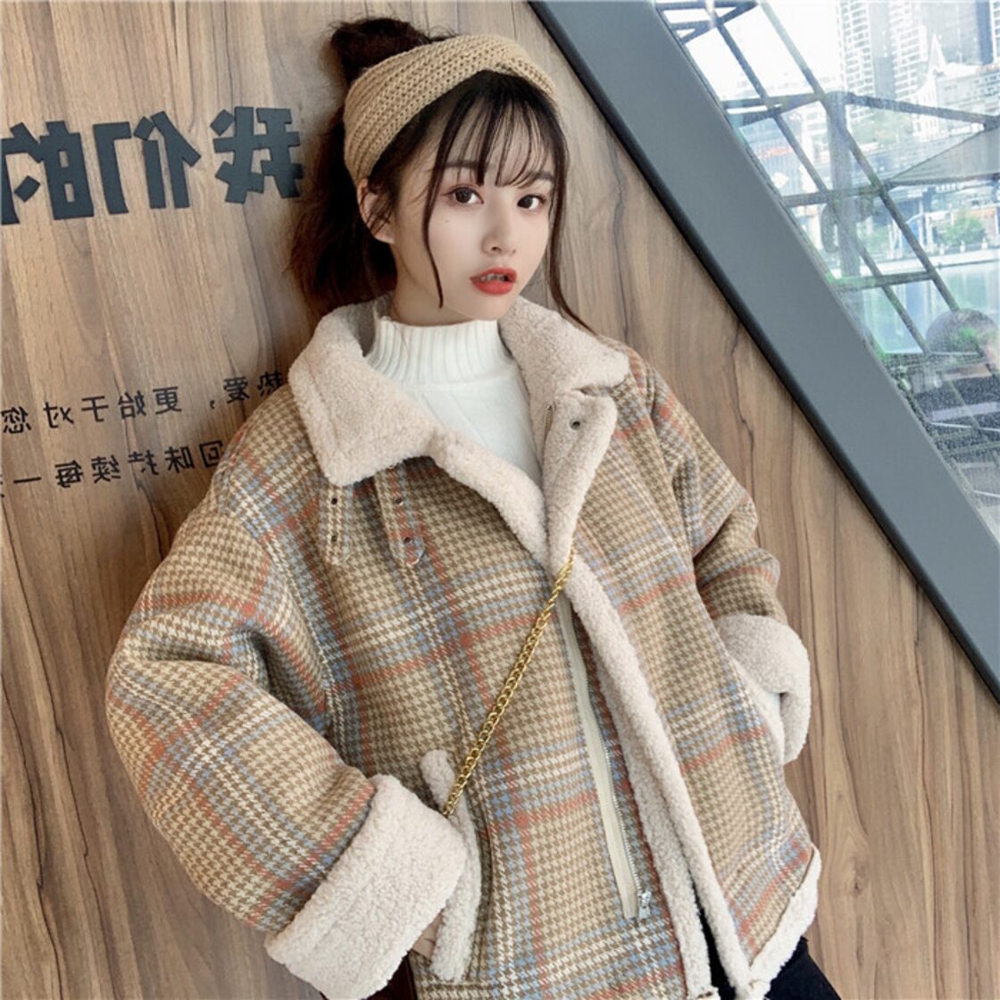 ウィンタースタイル韓国ファッション格子柄ウールショートコート 