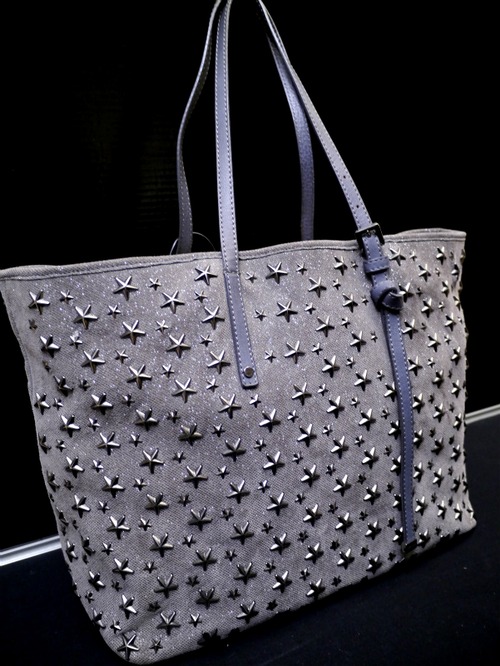 レア★JIMMY CHOO ジミーチュウ SASHA A4対応 スタッズ キャンバスxレザー トート バッグ 灰★ スタッズが可愛らしいトート型万能モデル♪