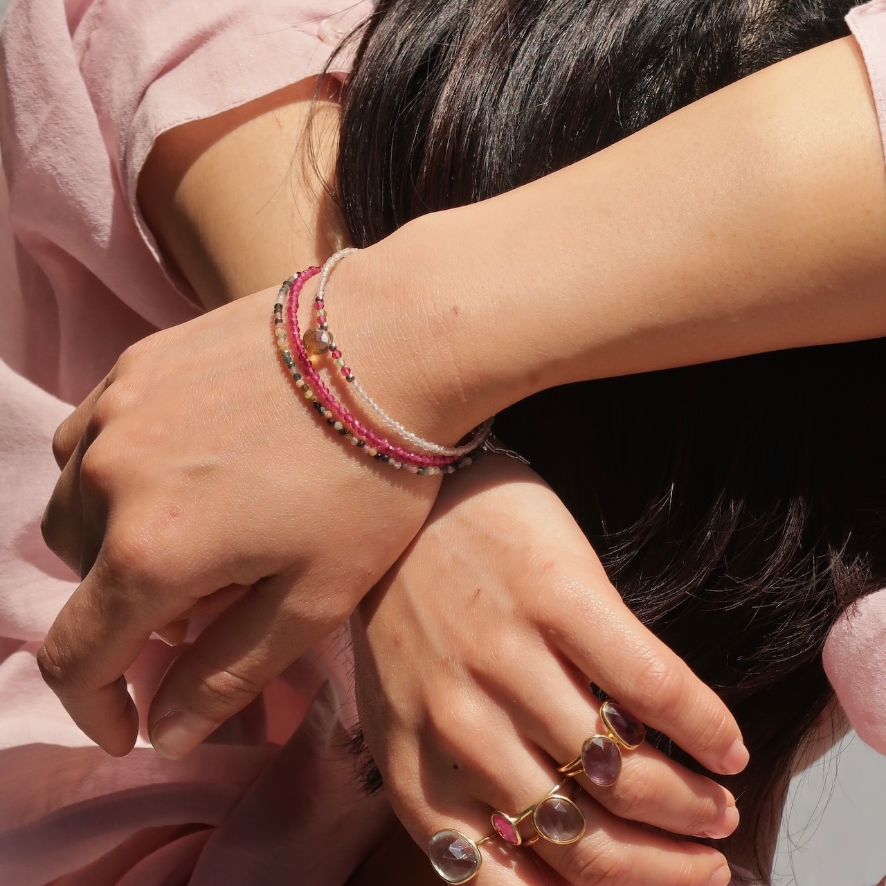 【天然石ビーズ】つぶつぶブレスレット/一粒チャーム付き