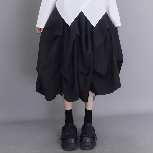 アシンメトリー ミディ丈 ギャザー フレアスカート 1color SK0341