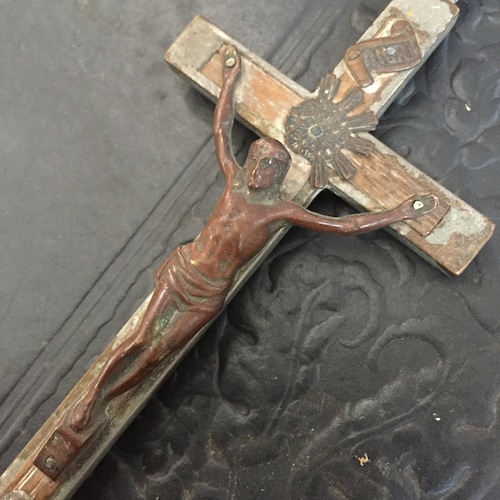 Antique crucifix brass and wood