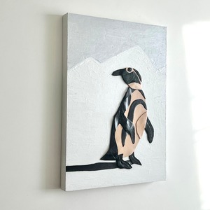 Leather collage art (penguin) A4 size wooden panel