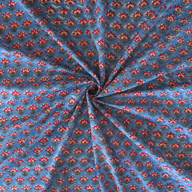 ブロックプリント生地【50cm単位】インド綿  小花柄 ブルー×赤 #46998-BL1