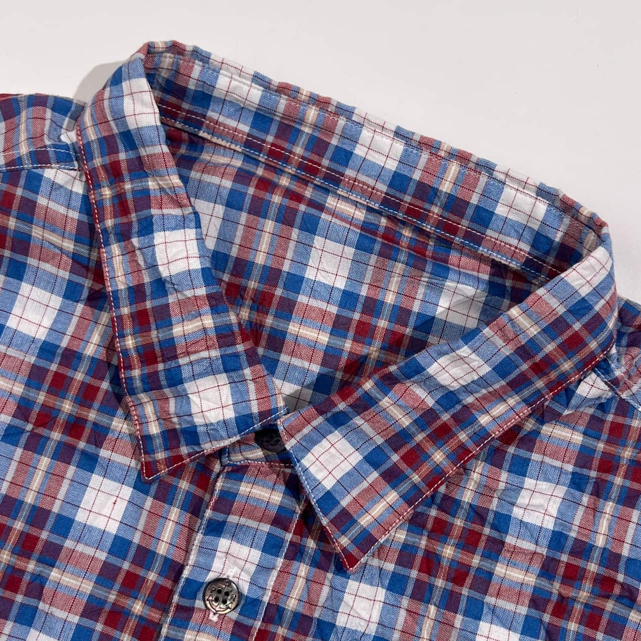 Papas パパス シワ加工 チェック柄 長袖 シャツ LL/レッド×ブルー系 メンズ