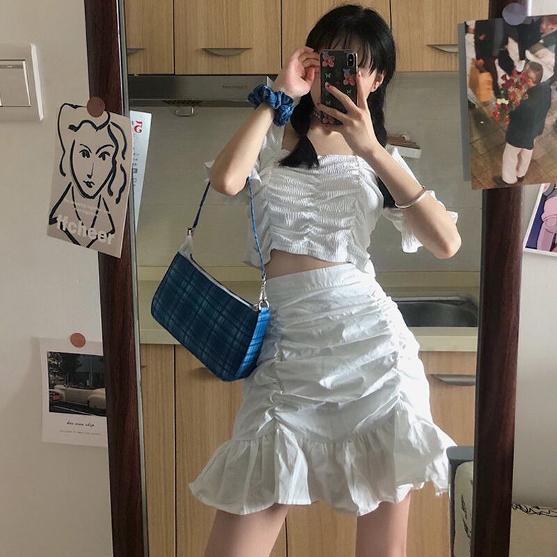 サマースタンダードニット半袖スリーブハイウェストウェストプリーツスカート ショート レトロ ハーフスリーブ 夏物 スクウェア 萌量不足14713911688