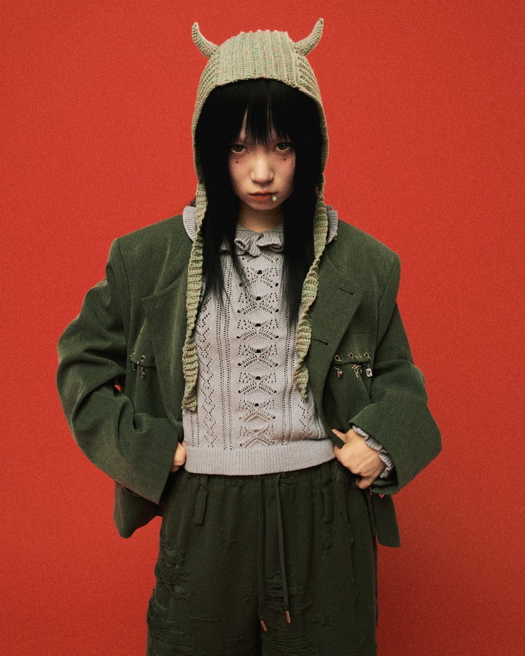 ノーカラーチャームジャケット　GRAY