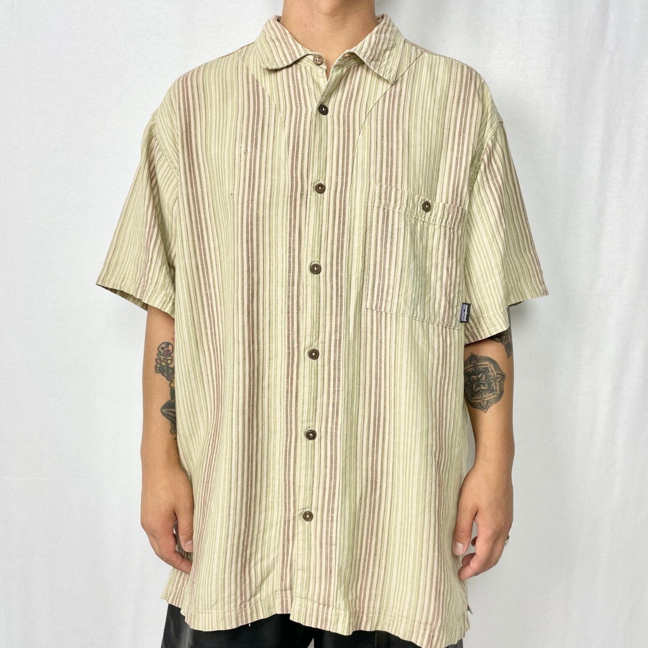 08年製 patagonia パタゴニア ヘンプ 麻 半袖シャツ ストライプシャツ 