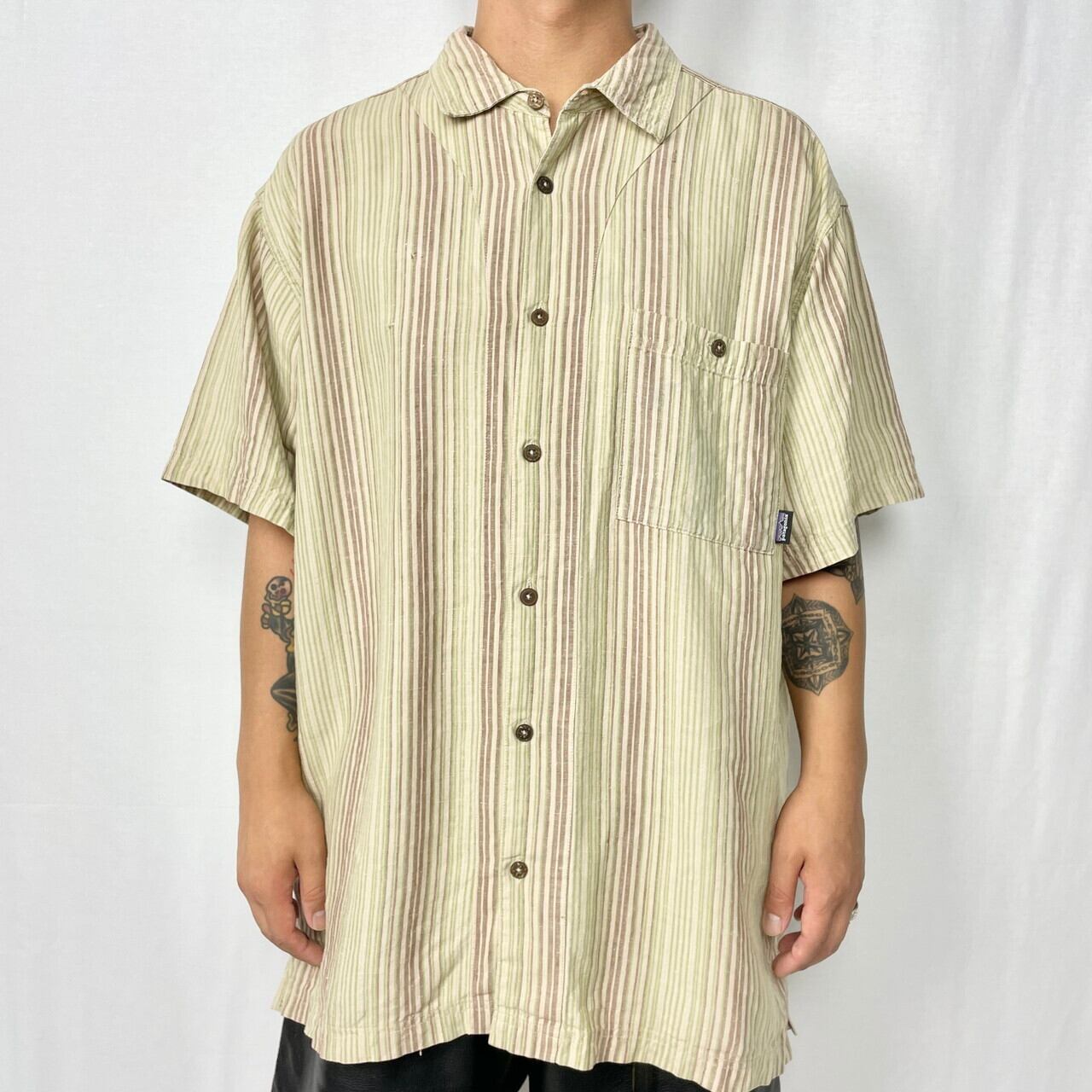 08年製 patagonia パタゴニア ヘンプ 麻 半袖シャツ ストライプシャツ 