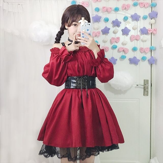 サブカル 服 地雷系 通販 レディース ワンピース 長袖 レース ハイウエスト 切替スカート 膝上丈 ウエストベルト付き セット オフショル 袖コン レッド フェス 可愛い オルチャン