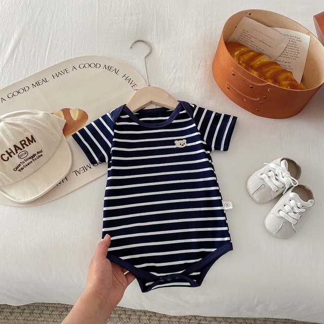 【BABY】くまモチーフストライプ半袖ロンパース - 7