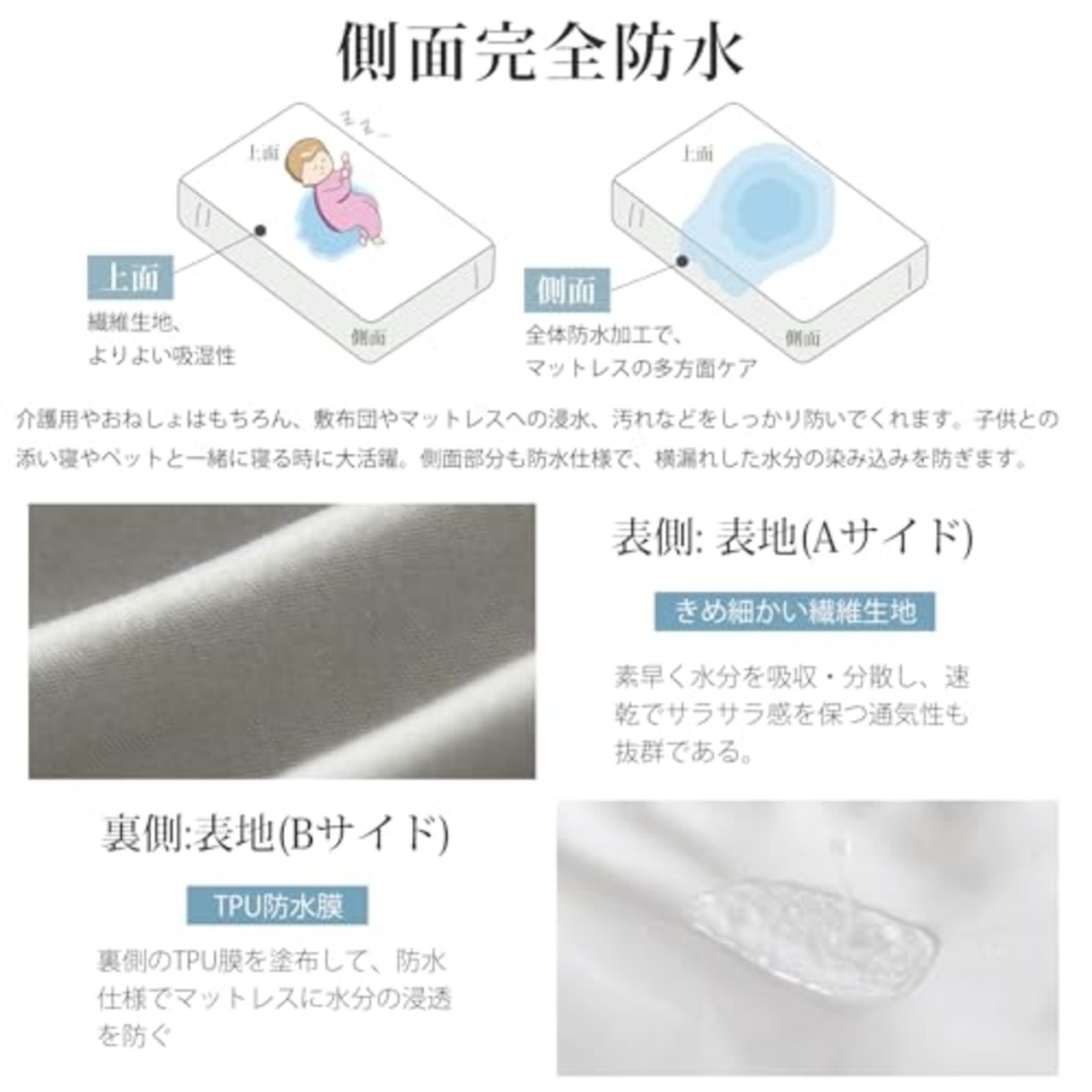 Vallein 防水シーツ シングル ボックス 全面防水 側面完全防水 おねしょシーツ セミダブル ダブル ボックスシーツ クイーン キング マットレスカバー 大人用 赤ちゃん ベッドシーツ ベビー 保育園 介護用 防ダニ 丸洗い可能（シングル·ライトグレー·100*200）
