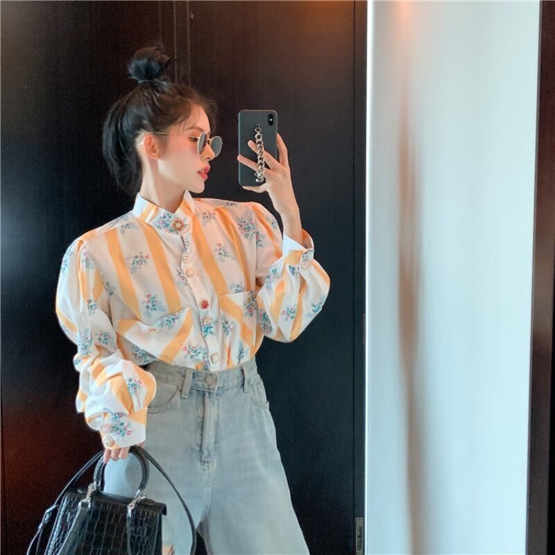 花柄縦縞薄い日焼け止めシャツレディース秋香港スタイルレトロシャツデザインニッチトップ ブラックストロベリース94815007804