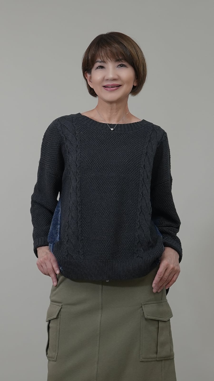 デニム切替ケーブルニットプルオーバー　8900円