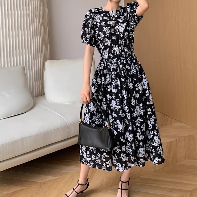 flower puff sleeve dress<d2038>
