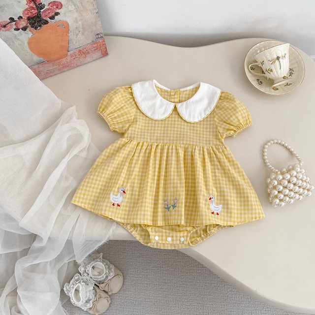 【BABY】アヒル刺繍チェック半袖襟付きロンパース - 18