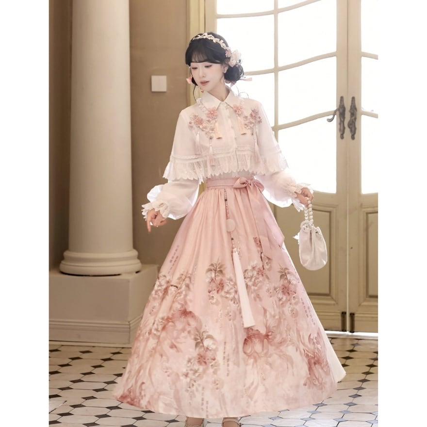 中華ロリ｜桜雨 漢服風トップス・花柄スカート・ケープ3点セット