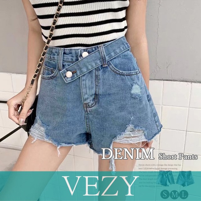 デニムショートパンツ 韓国風 ダメージジーンズ ハイウエスト ホットパンツ カットオフ ボトムス 無地 ワイドパンツ ヴィンテージ デニム 短パン ボトムス VEZY ベジー  ItemNo.【17155197】