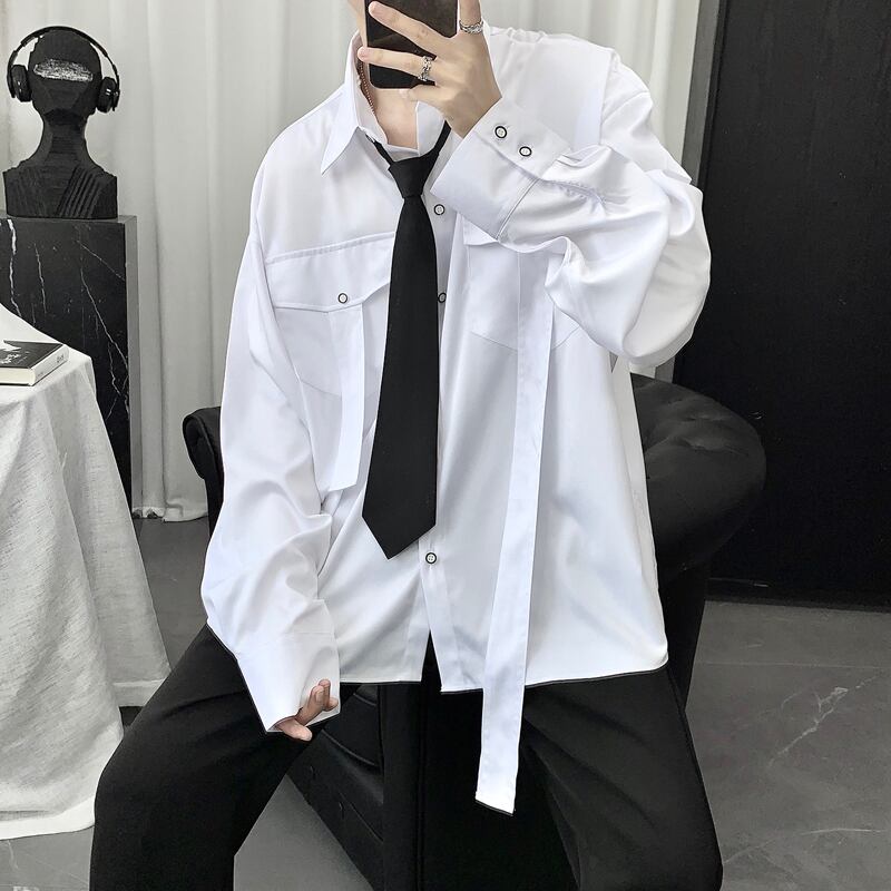 Wmnrシリーズ ネクタイ付きシャツ 2color トップス 男女兼用 無地 ブラック ホワイト 黒い 白い Elegant