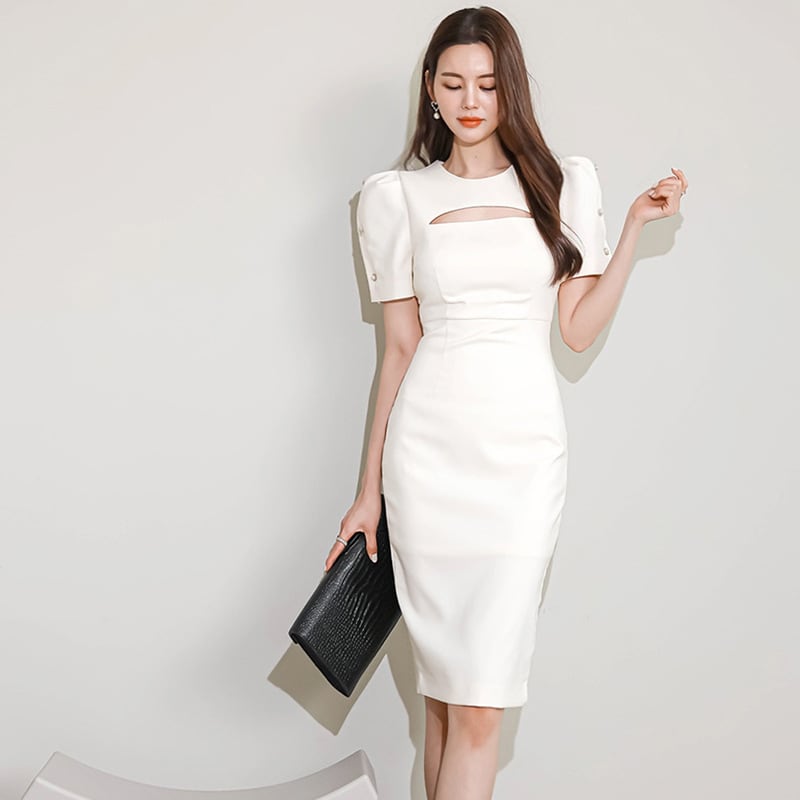 膝丈ドレス キャバドレス セクシー 韓国風 クルーネック スリムフィット タイトワンピ お出かけ デート 出勤 JC2-MLS7770