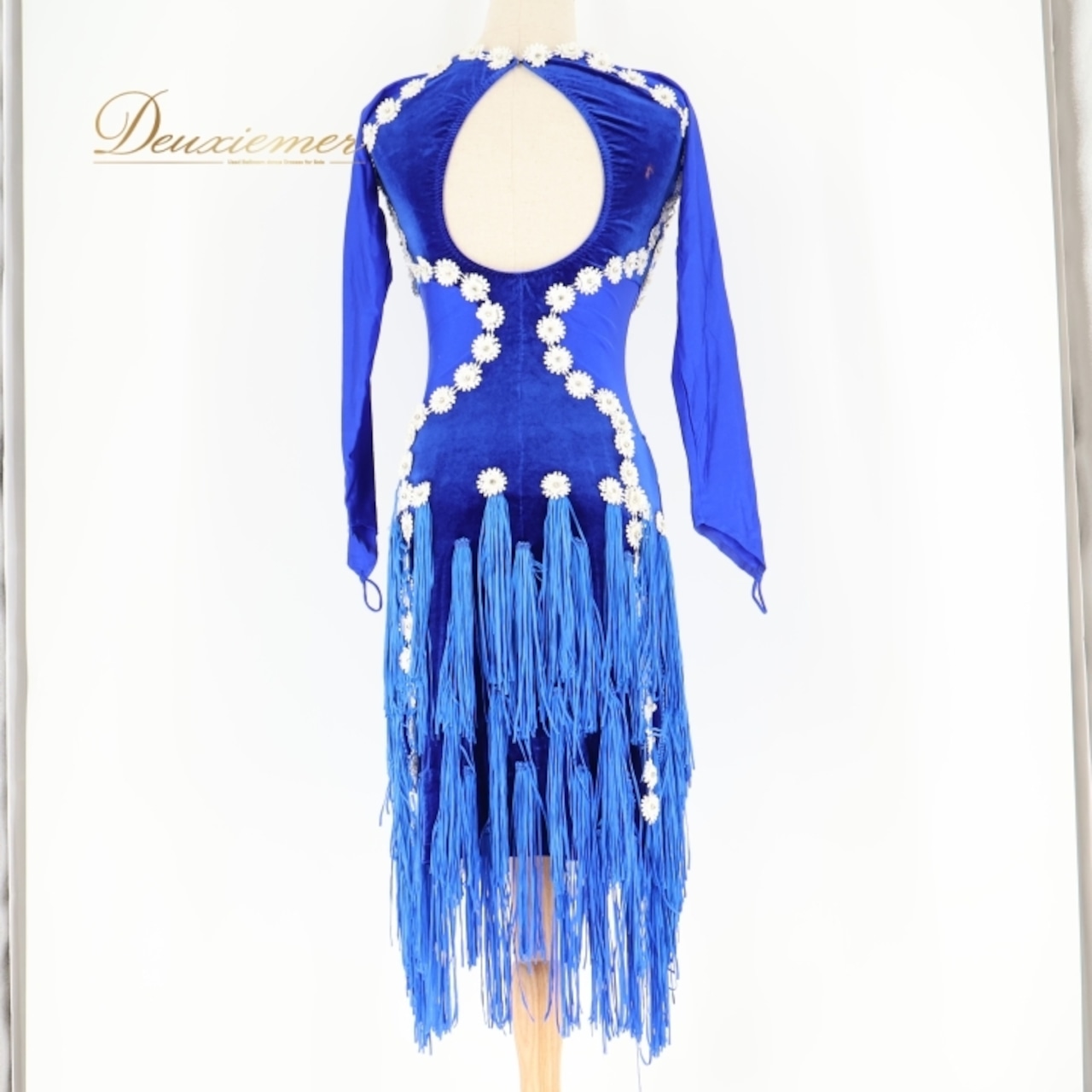社交ダンス 衣装 ラテン ドレス ワンピース 青 フリンジ ベロア 花 デモ 競技 高級感 パーティ 発表会 ブルー系 フリンジドレス ストレッチ 伸縮性 レディース 社交ダンス衣装 高級素材 デモ用 ダンス衣装 フェミニン おしゃれ 大人用 フォーマル ショートドレス 競技会用 パーティー服