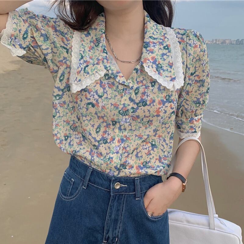 サマースタンダードルーズフローラルカラーカーディガン半袖スリーブシャツ トップス レディース ショート レトロ ハーフスリーブ 夏物 花柄 ハンチェンe40049495778