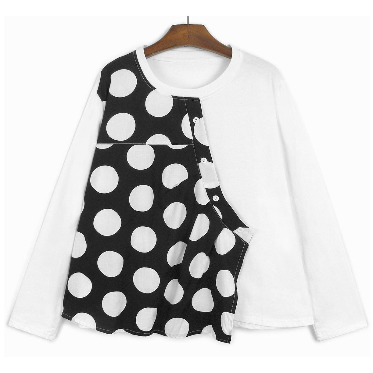 ASYMMETRIC POLKA DOT PANEL LONG SLEEVE T-SHIRT M-18547